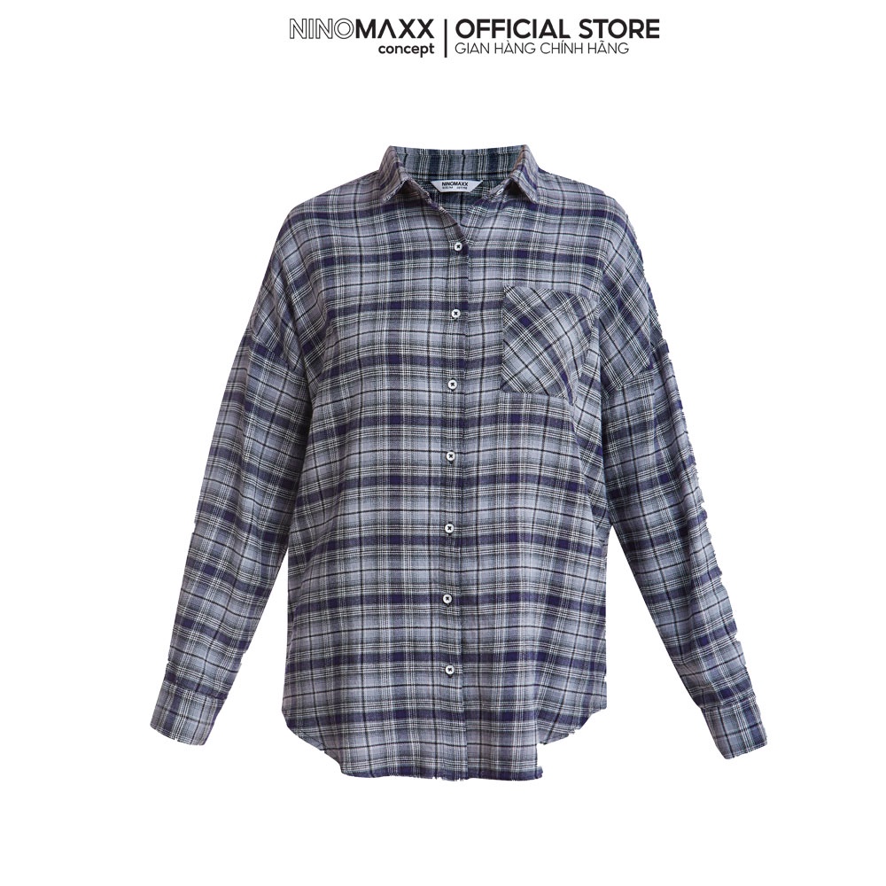 NINOMAXX Áo Sơ Mi Nữ cổ bẻ dài tay sọc caro in chữ thân sau 100% cotton 1910025