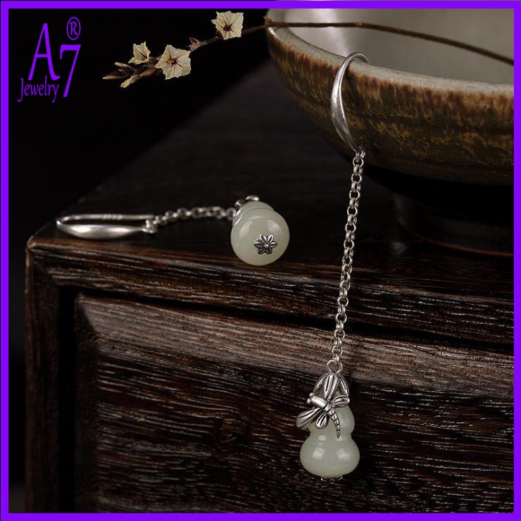 Bông Tai Bạc 925 Hình Quả Bầu Đính Đá Ngọc Bích Thời Trang Cho Nữ