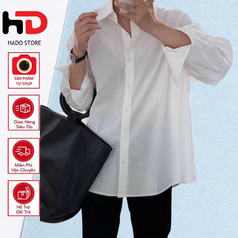 Áo sơ mi nam nữ dài tay Unisex Basic TRƠN Form rộng màu trắng và đen Chất cotton lụa mịn mát Bigsize HADO Store