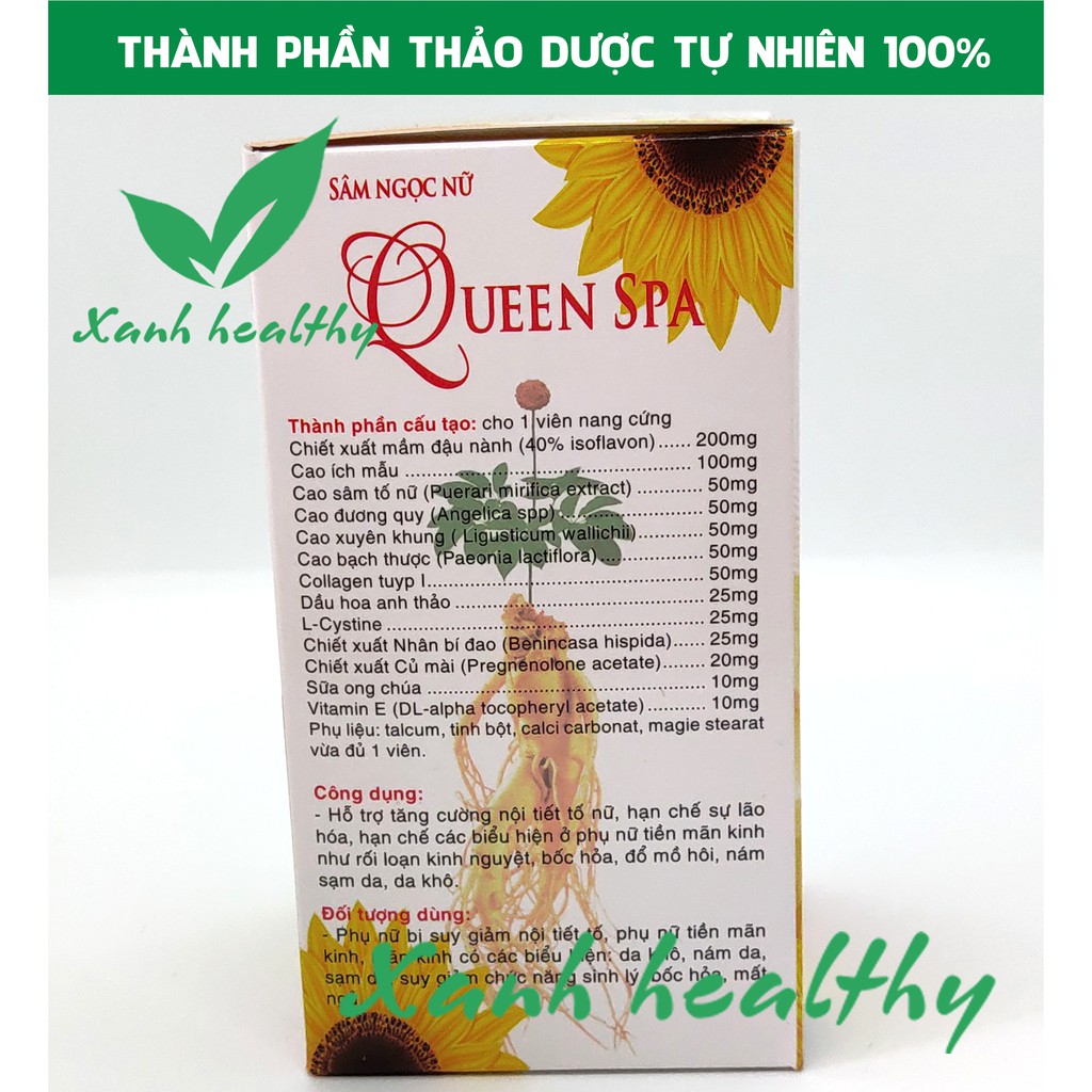 Sâm tố nữ Queen Spa - Hộp lọ 30 viên Giúp đẹp da thành phần 100% thảo dược thiên nhiên Hàng chính hãng