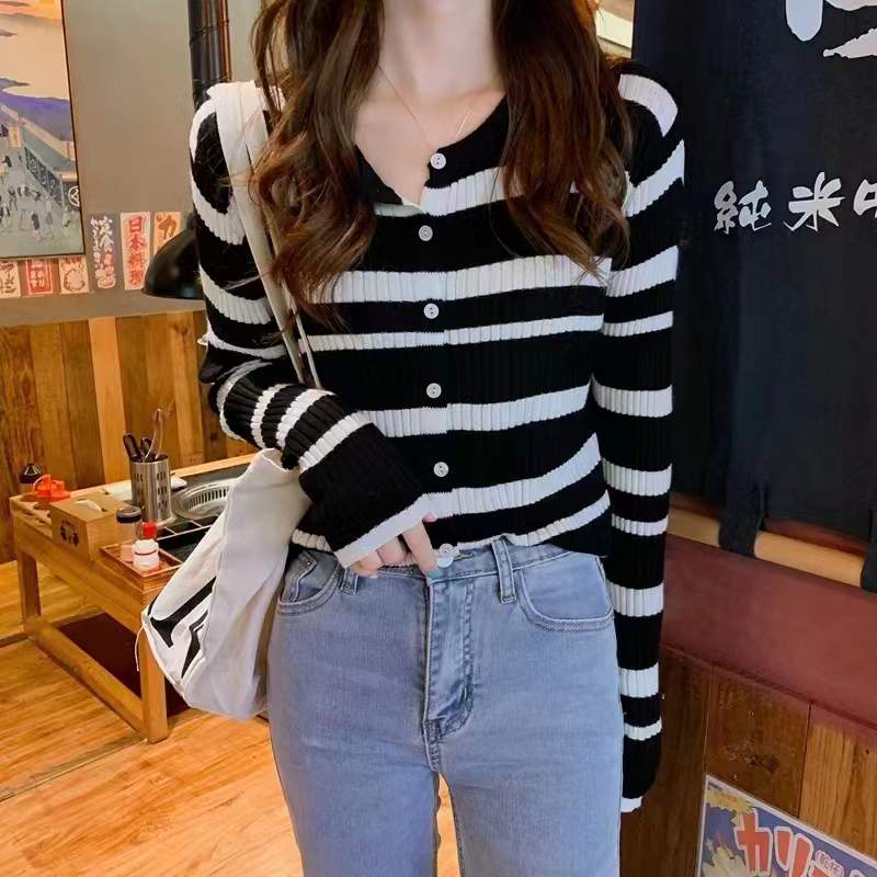 SUXI Áo Khoác Cardigan Dệt Kim Tay Dài Dáng Rộng Kẻ Sọc Kiểu Hàn Quốc Thời Trang Mùa Thu