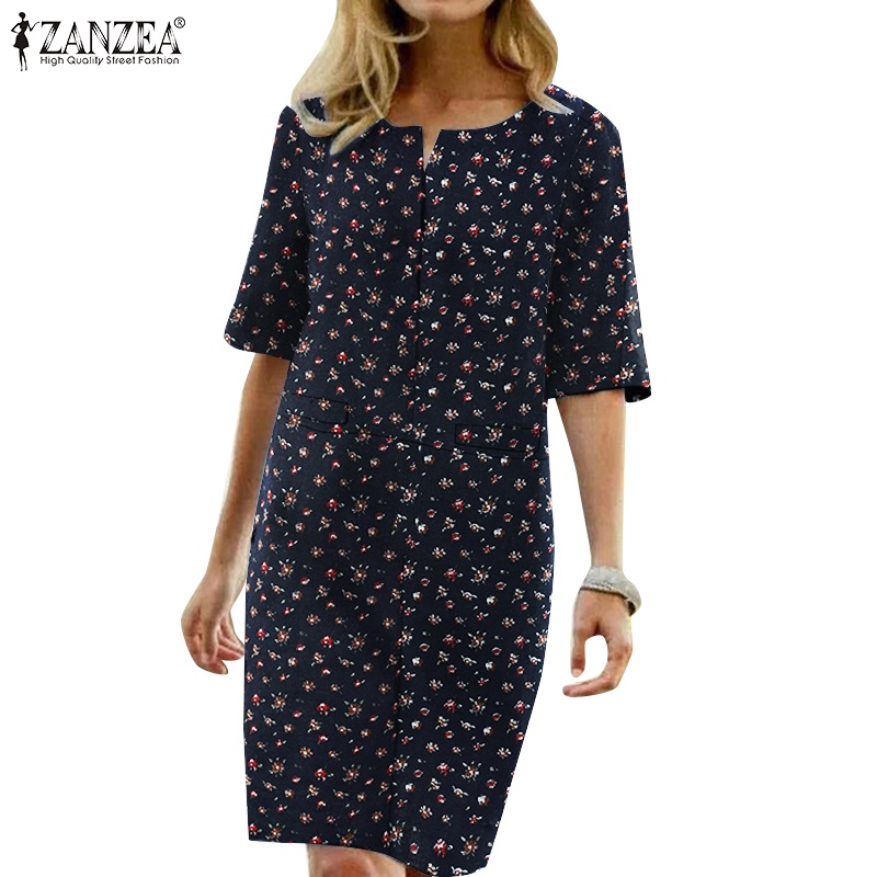 Váy midi Zanzea tay ngắn cổ chữ v in họa tiết hoa xinh xắn phong cách cổ điển thời trang cho nữ