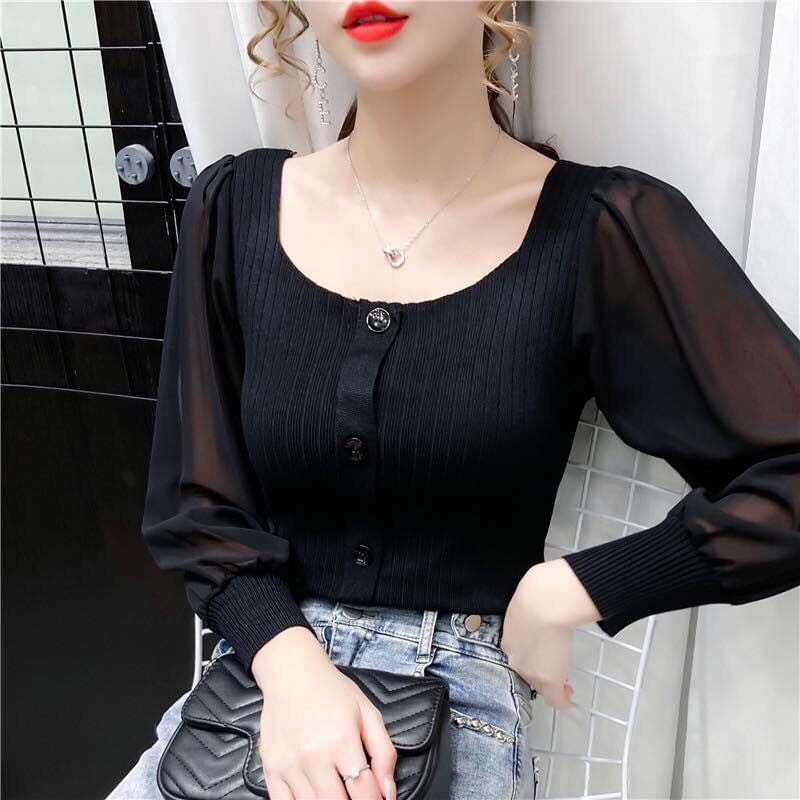 Áo len gân nữ tay phối voan vuông cực xinh kiểu dáng thời trang hot 2021.