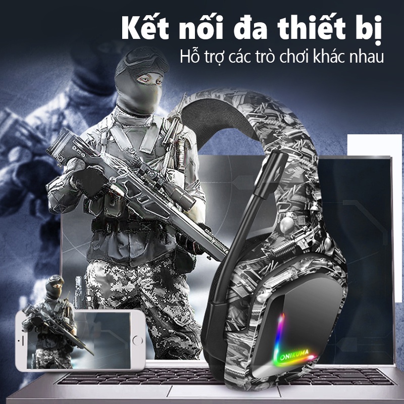 Tai nghe chơi game âm thanh nổi gắn trên đầu ONIKUMA K20 màu đỏ và trắng với micrô và đèn RGB