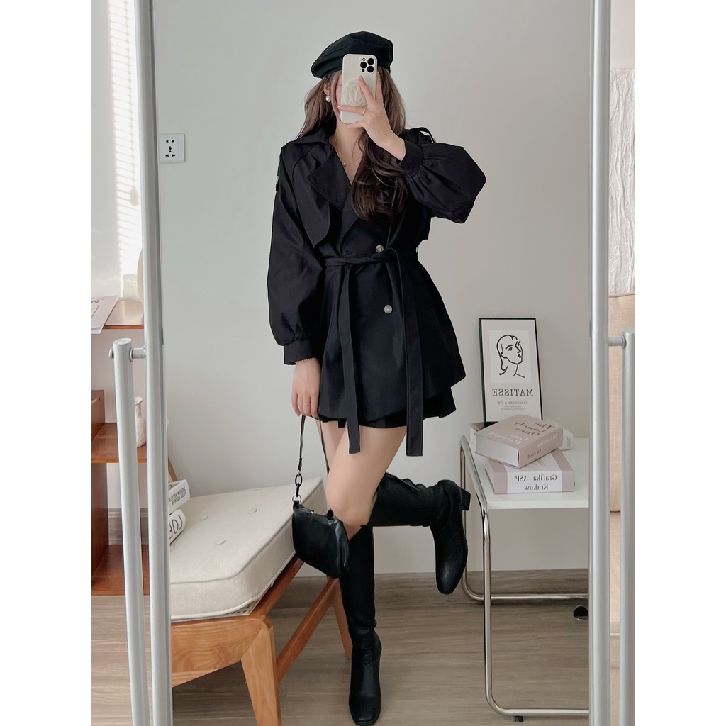 Áo Khoác Mangto Kaki Kèm Đai Áo Kaki Tay Bồng 2 Lớp