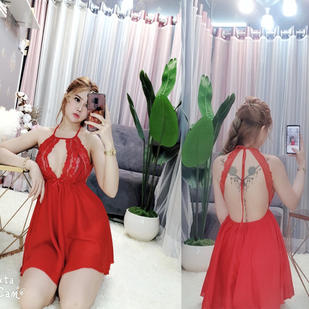 Đồ ngủ sexy- Set đầm yếm voan tơ ánh