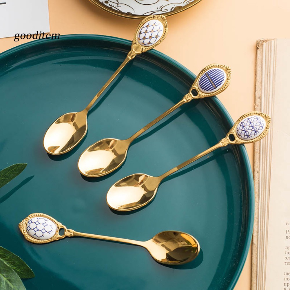 Thìa uống trà & sữa bằng thép không gỉ & gốm sứ mạ vàng tiện dụng