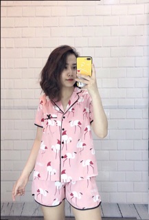 Bộ lụa đùi nữ mặc nhà hình Hạc