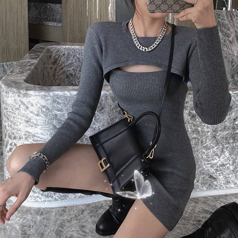 Bộ đồ SUXI gồm đầm 2 dây và áo khoác tay dài phong cách Hàn Quốc thời trang dành cho nữ