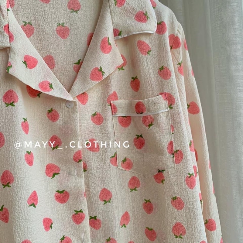 Bộ pijama mặc nhà hoạ tiết hình dễ thương chất đũi xốp áo dài quần dài thu đông