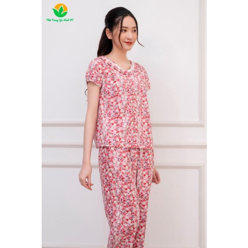 Bộ cotton quần dài áo cộc tay họa tiết nữ B48.2201- Thời trang gia đình VT