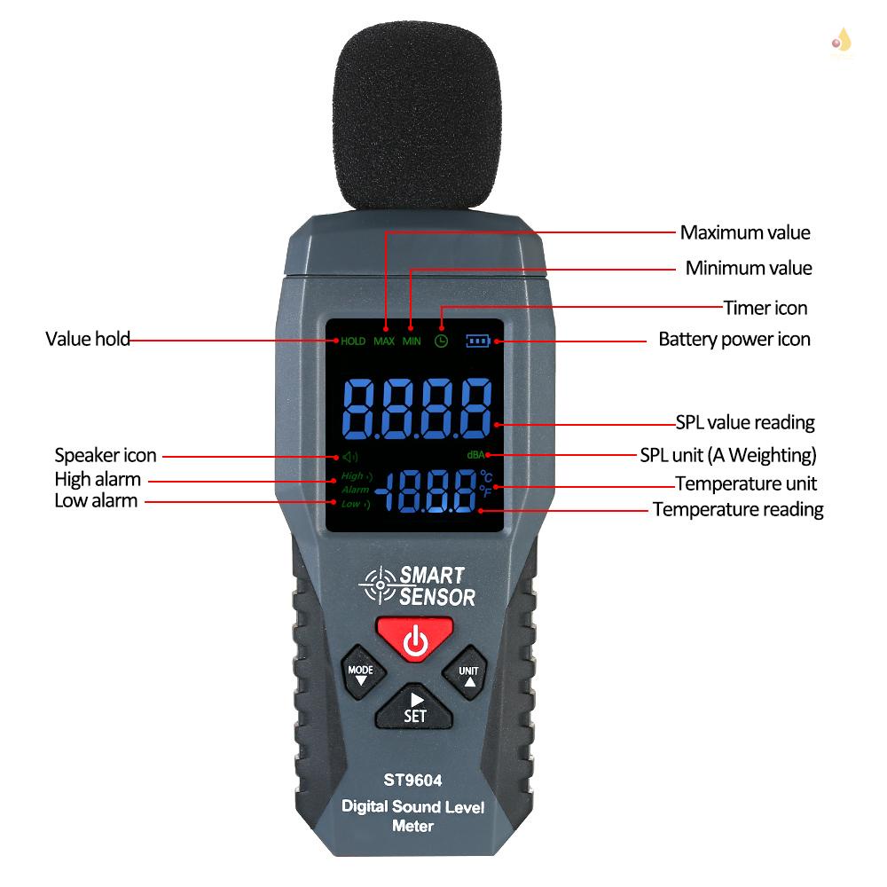 Máy Đo Tiếng Ồn Kỹ Thuật Số Cảm Biến Thông Minh Mini Màn Hình LCD 30-130dBA ST9604