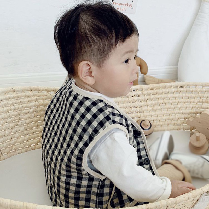 Áo ghi lê Cardigan không tay vải lông cừu cotton họa tiết kẻ sọc cổ chữ V ấm áp thời trang cho bé