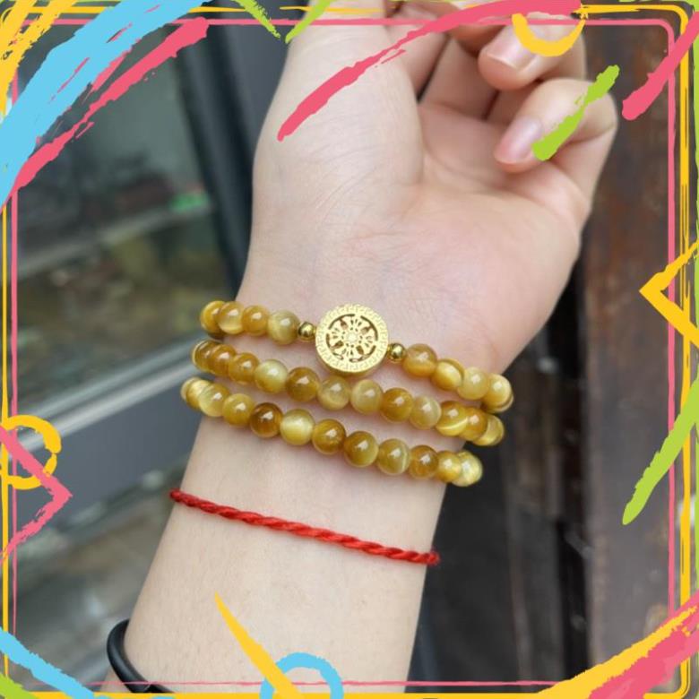 Vòng Tay Phong Thuỷ Mắt Hổ Vàng Mix Charm Bạc Mạ Vàng - Đeo quấn 3 vòng tay