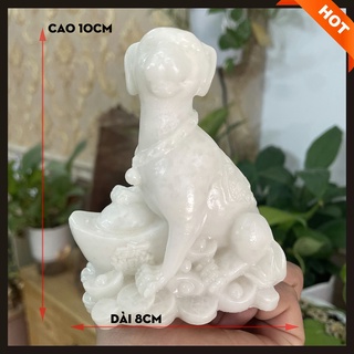 Tượng đá con chó phong thủy bàn làm việc trang trí phong thủy cho người tuổi Tuất - Cao 10cm - Màu trắng đá non nước