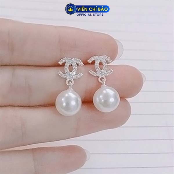 Bông tai bạc nữ trái châu chữ CC đính đá chất liệu bạc 925 thời trang phụ kiện trang sức nữ Viễn Chí Bảo B400011