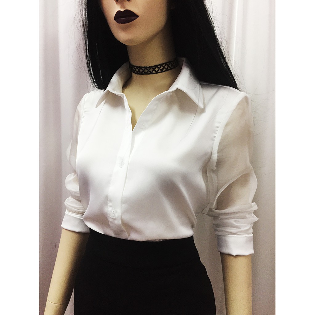 Á sơ mi đen nữ 💖vải lụa mềm💖 Áo công sở nữ dài tay cổ đức