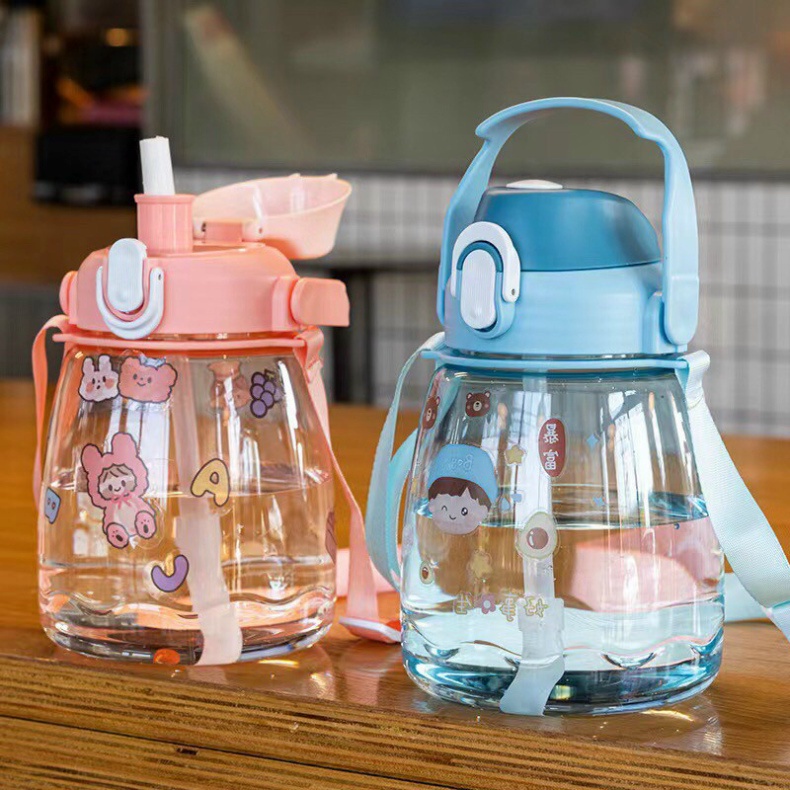 Bình Nước 1300ml Trong xuốtFREESHIPDung Tích 1.3 lít Kèm Dây Đeo Và Sticker Đáng Yêu