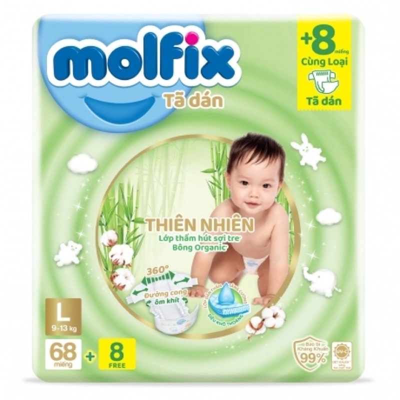 Bỉm - Tã dán Molfix thiên nhiên size L 68 + 8 miếng (9 - 13kg)