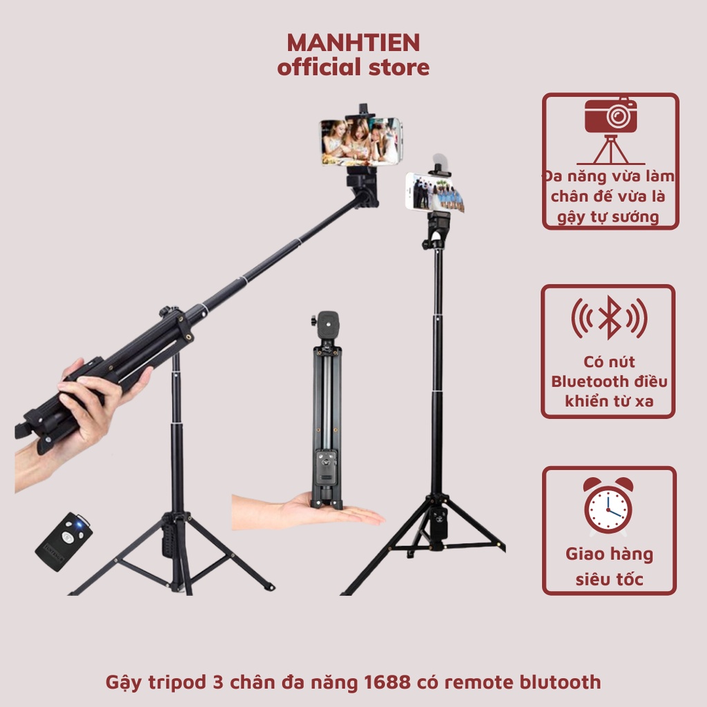 Gậy selfie chụp ảnh có remote bluetooth,Gậy tự sướng 3 chân kiêm chân đế 1688,1388 - Hàng Nhập Khẩu Cao Cấp - DTM Store