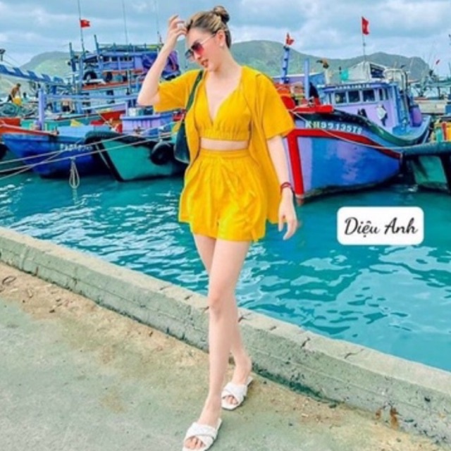 Sét Mặc Đi Biển Ba Món Chất Vải Đũi Mát-S44-
