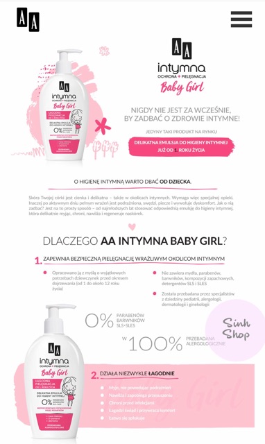 Dung Dịch Vệ Sinh AA Intymna Baby Girl cho bé gái