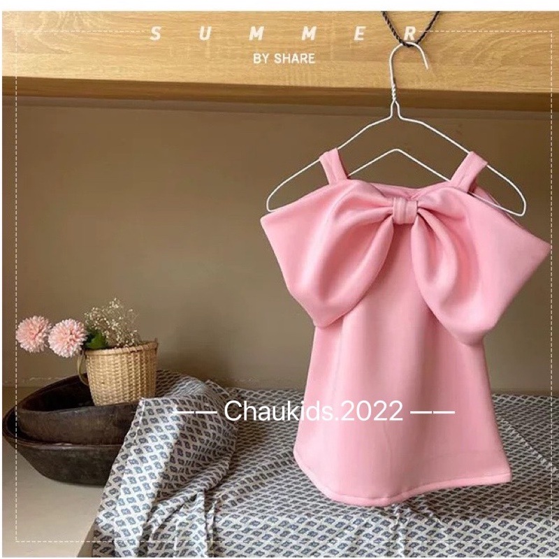 Váy trễ vai bé gái, váy hồng ngọt ngào thiết kế 2 dây rớt vai điệu đà cho bé