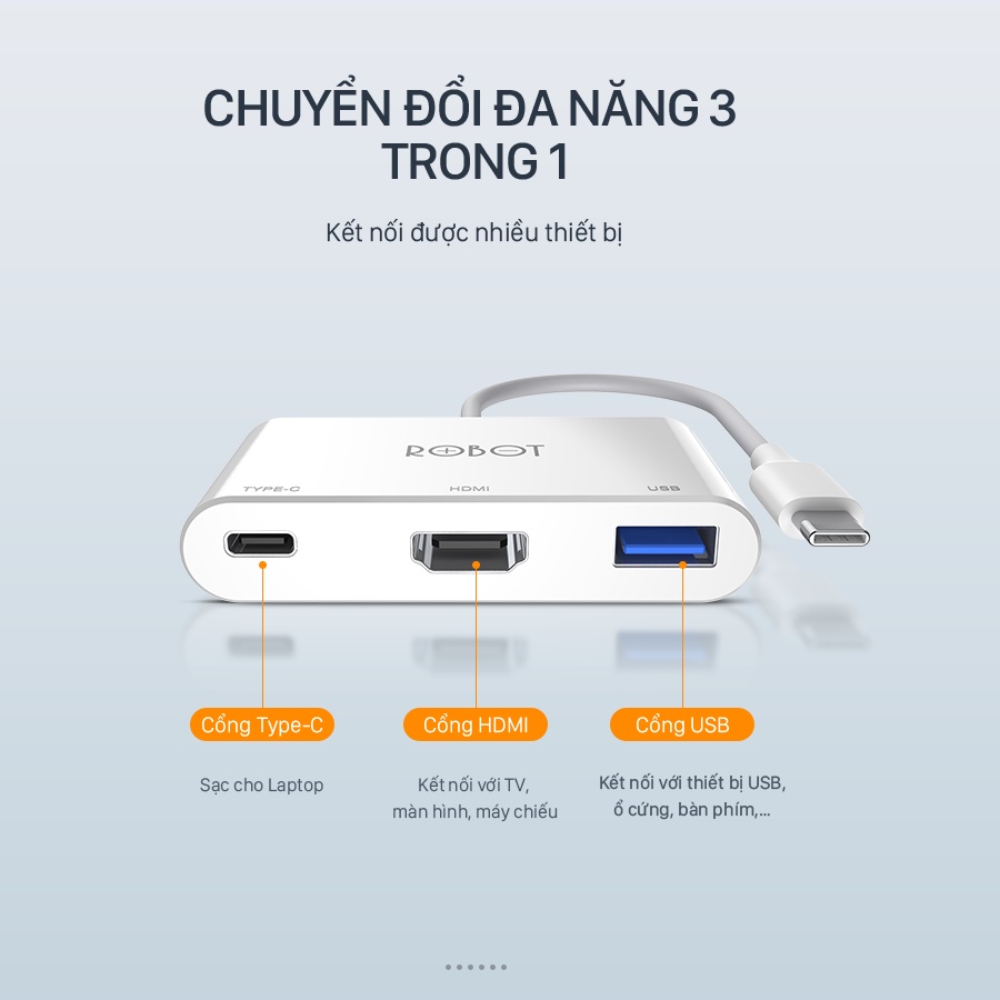 USB HUB Type-C ROBOT HT430 Bộ Chuyển Đổi 3 Trong 1 Type-C Sang USB C HDMI USB Sạc Nhanh PD