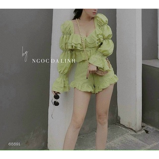 sét voan áo tay dài cổ v khoét sau bo nhún eo quần đùi ống rộng cực xinh thời trang bao chất chuẩn shop NAM010