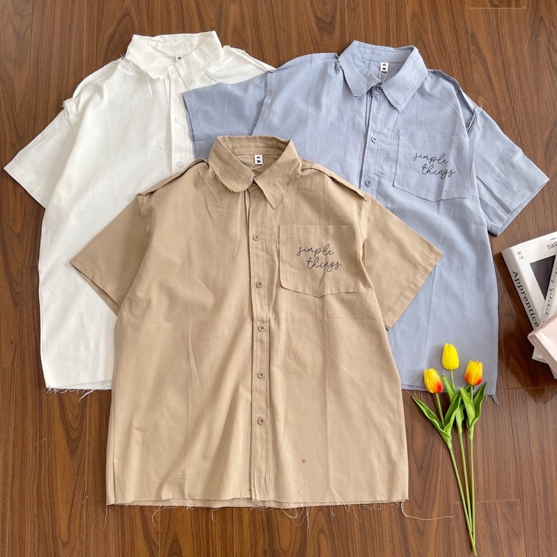 ÁO SƠMI THÊU TÚI TAY NGẮN thiết kế form basic form rộng oversize chất vải thô mềm style cá tính ullzang hàn quốc