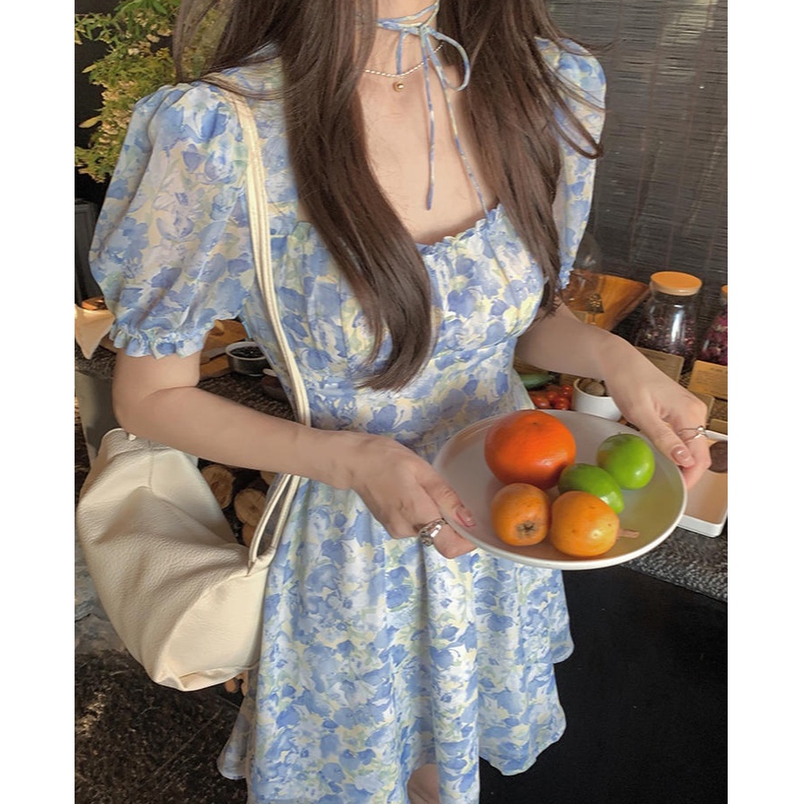 Đầm Chữ A Tay Ngắn Họa Tiết Hoa Xanh Dương 50312