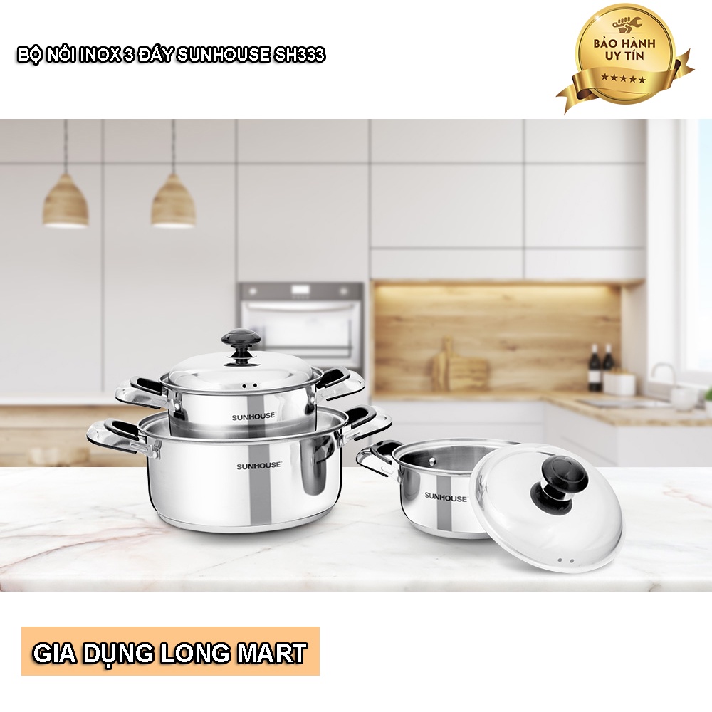 Bộ Nồi INOX 3 Đáy SUNHOUSE SH333, Hàng Chính Hãng, Sử Dụng Tất Cả Các Loại Bếp, Bảo Hành 12 Tháng