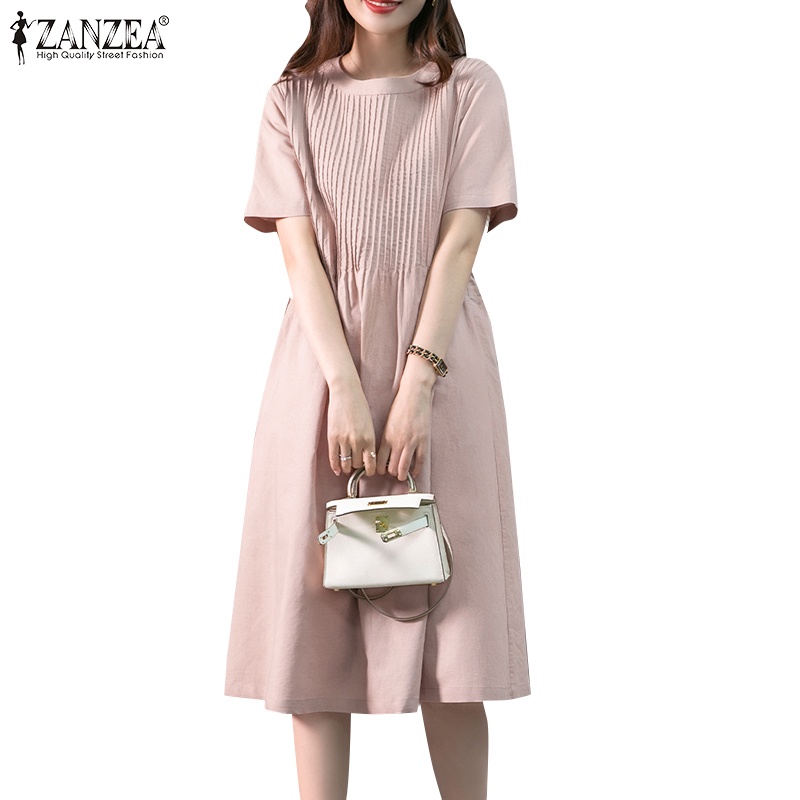 Đầm midi ZANZEA tay ngắn cổ tròn xếp ly dáng rộng thời trang cho nữ