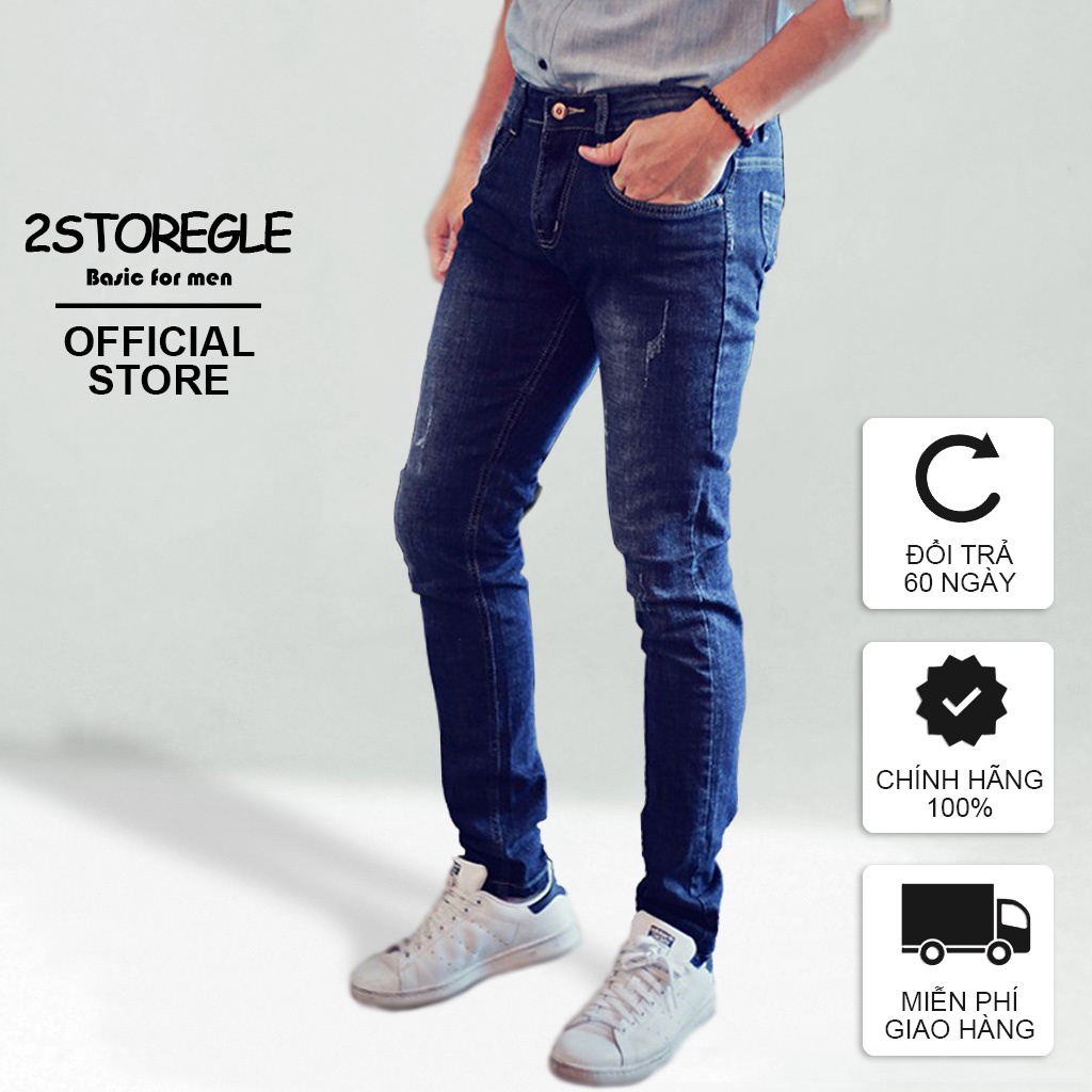 Quần Jean Nam Xanh Đậm Xước Nhẹ Dáng Body Slim Fit 2STOREGLE Chất Vải Mịn Ít Phai Màu