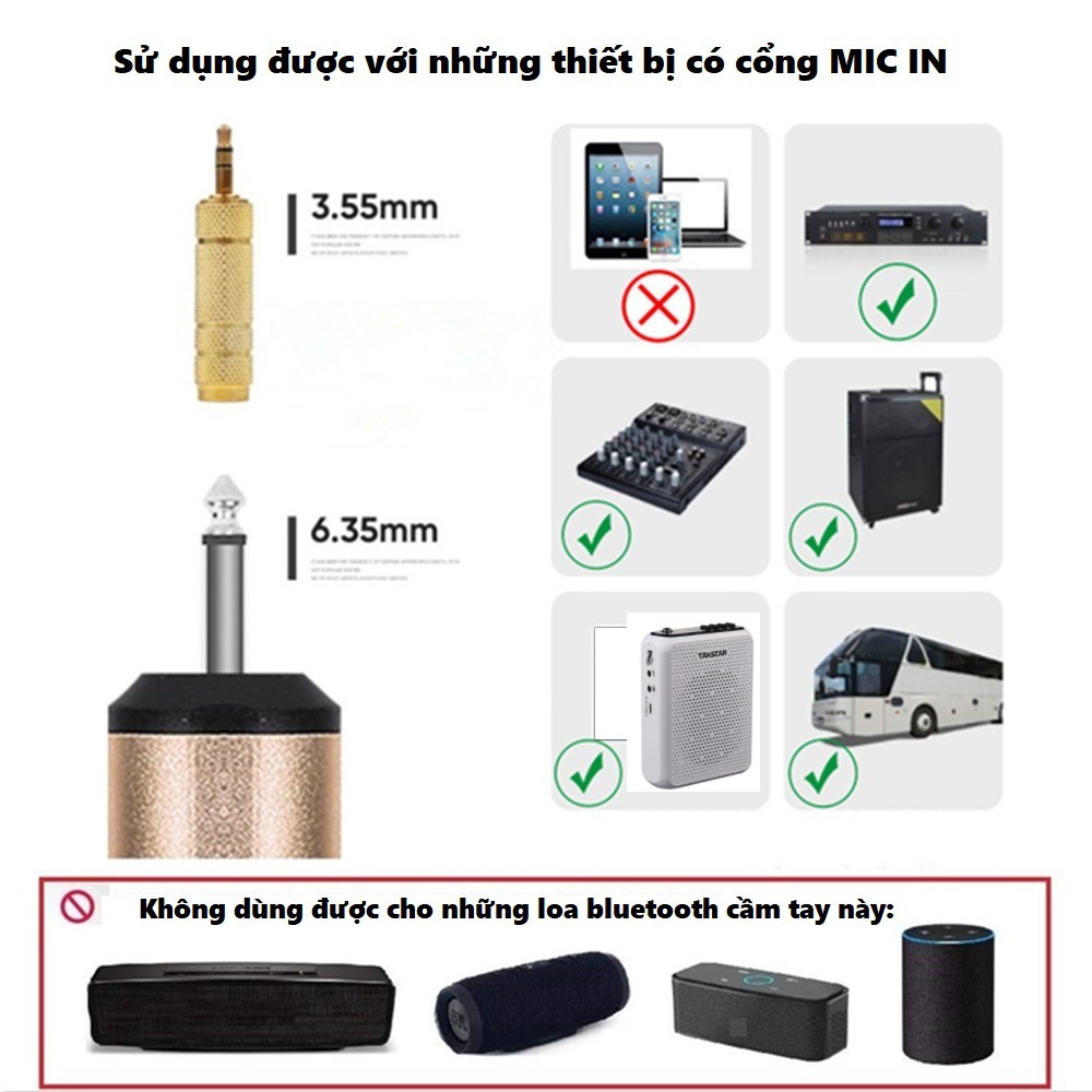 Micro cài áo không dây, micro quàng đầu không dây UHF dùng pin sạc, chất lượng âm tốt