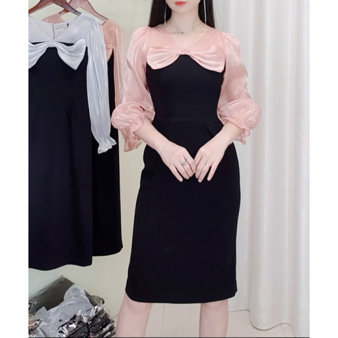 Váy body nơ to  phối tơ cao cấp là hàng thiết kế may kỹ ,trẻ xinh và tôn dáng, chất Xước Thái dày mịn mướt. Ảnh thật.