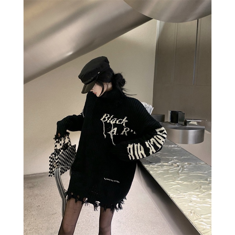 Áo sweater Dệt Kim Cổ Cao Màu Đen Thiết Kế Rách Phong Cách Hàn Quốc Cho Nữ