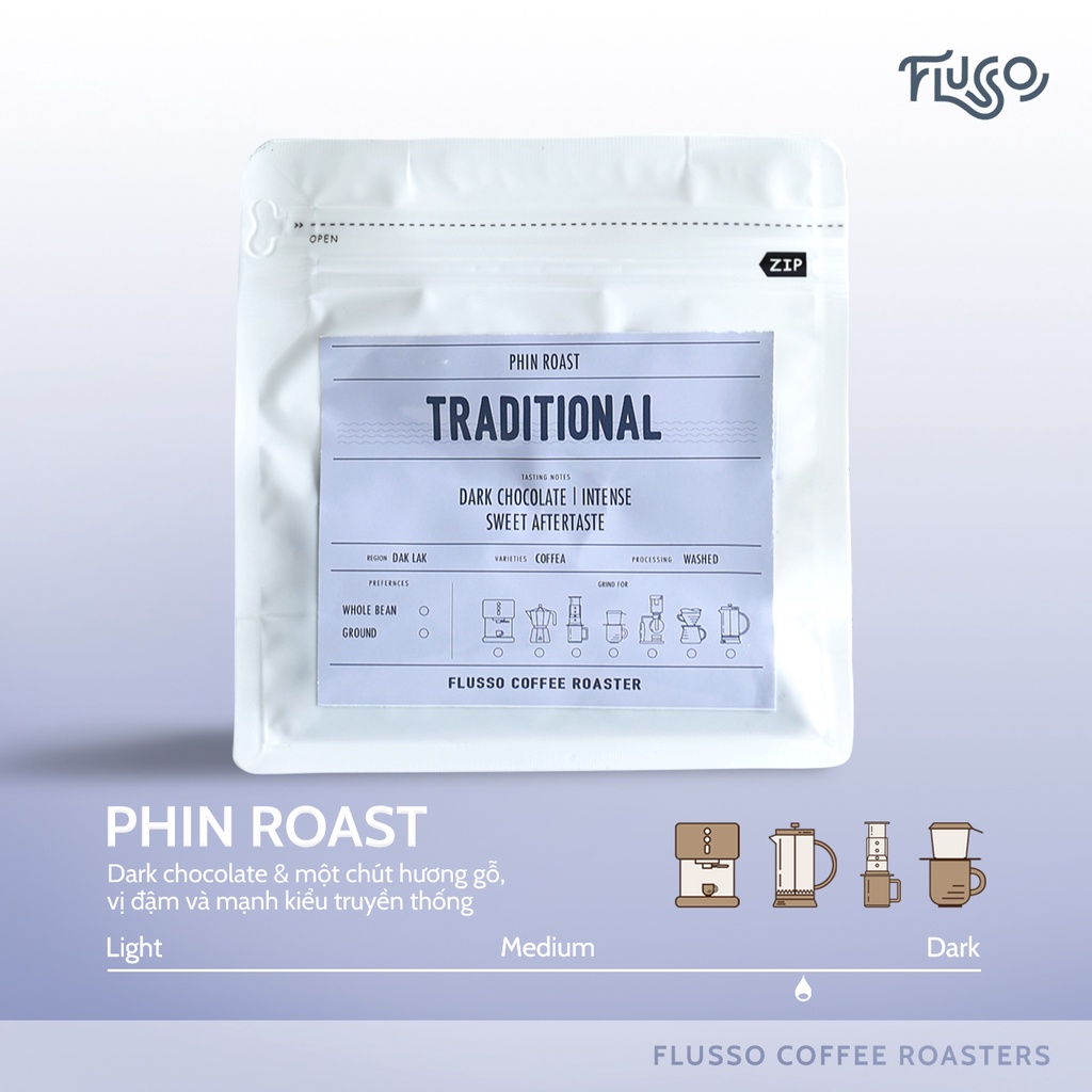 Cà Phê Pha Phin Robusta Traditional Flusso Coffee - Cà Phê Hạt Rang Xay Nguyên Chất Gu Truyền Thống