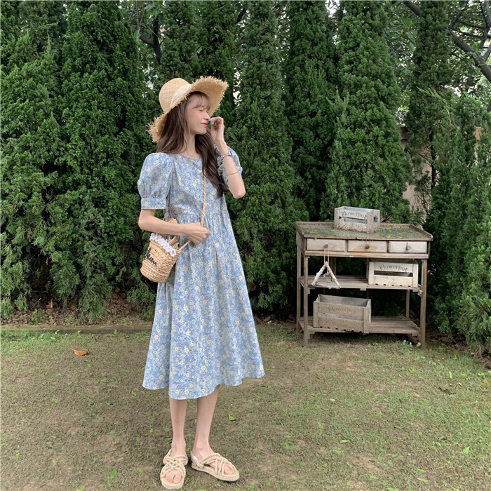 Đầm babydoll hoa nhí có dây buộc eo tay phồng ulzzang  - V14FG