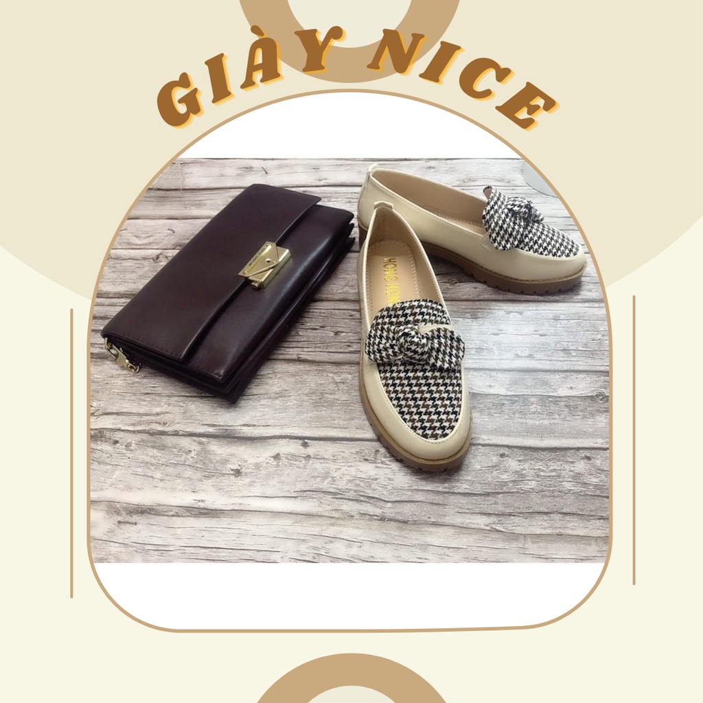 Giày đốc nữ da bóng mềm nơ caro - giày búp bê nữ