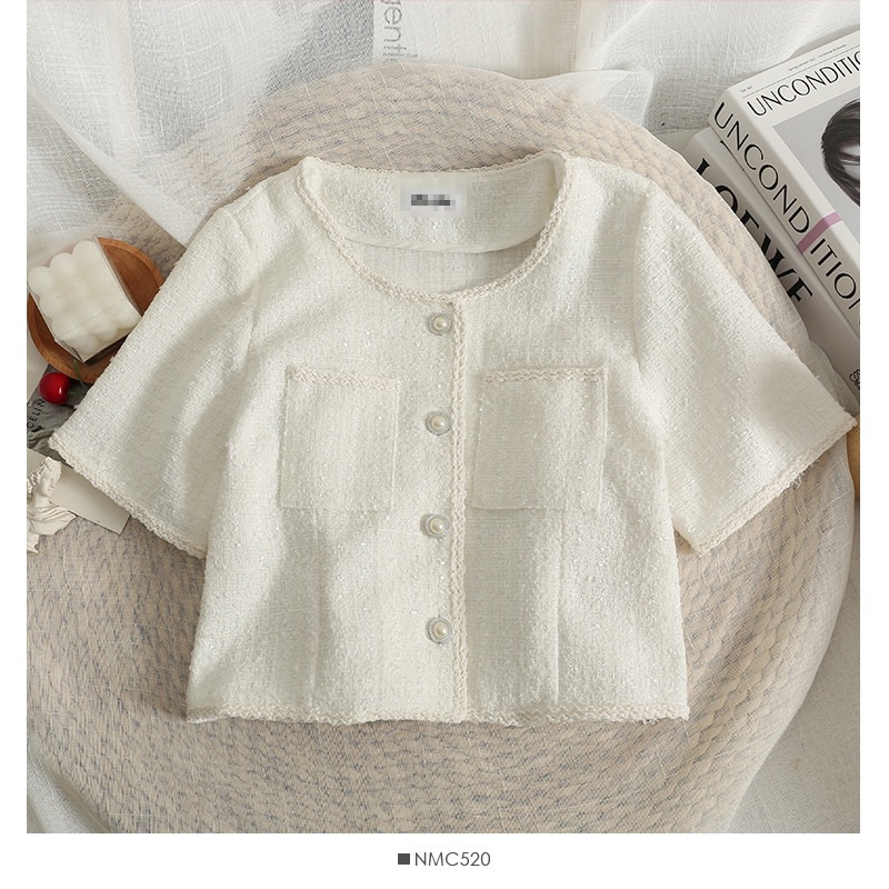 Sẵn/order Áo Dạ croptop Tweed xuân thu đính khuy ngọc sang chảnh cổ tròn áo khoác nhẹ vải tuýt sang chảnh