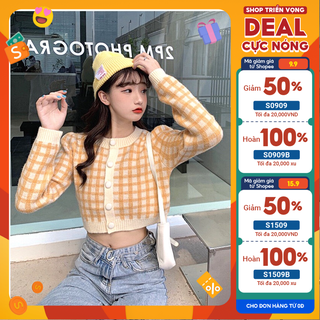 Áo khoác len croptop họa tiết kẻ caro MingMing cardigan caro nữ tính dáng croptop