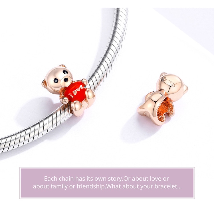 Hạt Charm Bamoer BSC228 Bạc Sterling 925 Thật Hình Chú Gấu Với Trái Tim Đỏ Và Chữ Love Tráng Men Dùng Để Làm Trang Sức