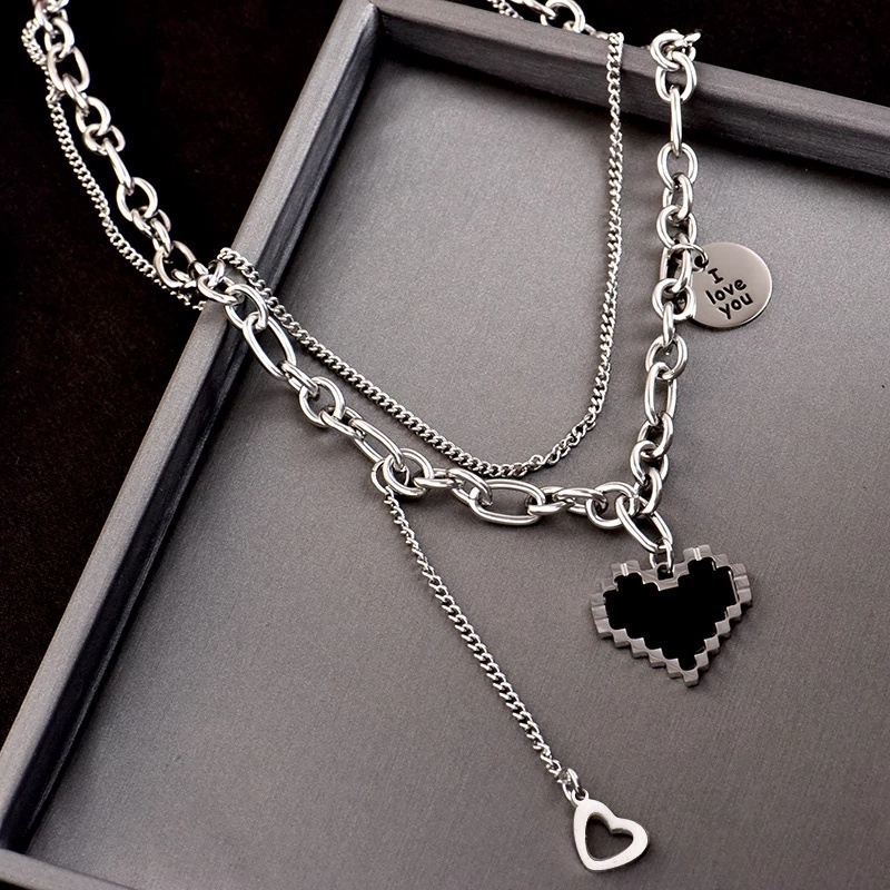 Vòng Cổ Choker Hai Lớp Mặt Hình Trái Tim Bằng Kim Loại Màu Đen Sáng Tạo Thanh Lịch Cá Tính Dành Cho Bạn Gái