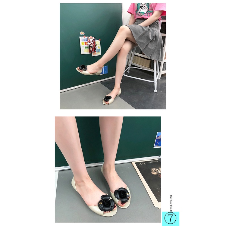 Giày Sandal Nhựa Đế Bằng Chống Trượt Hình Hoa Trà Thời Trang Mùa Hè Phong Cách Mới Cho Nữ