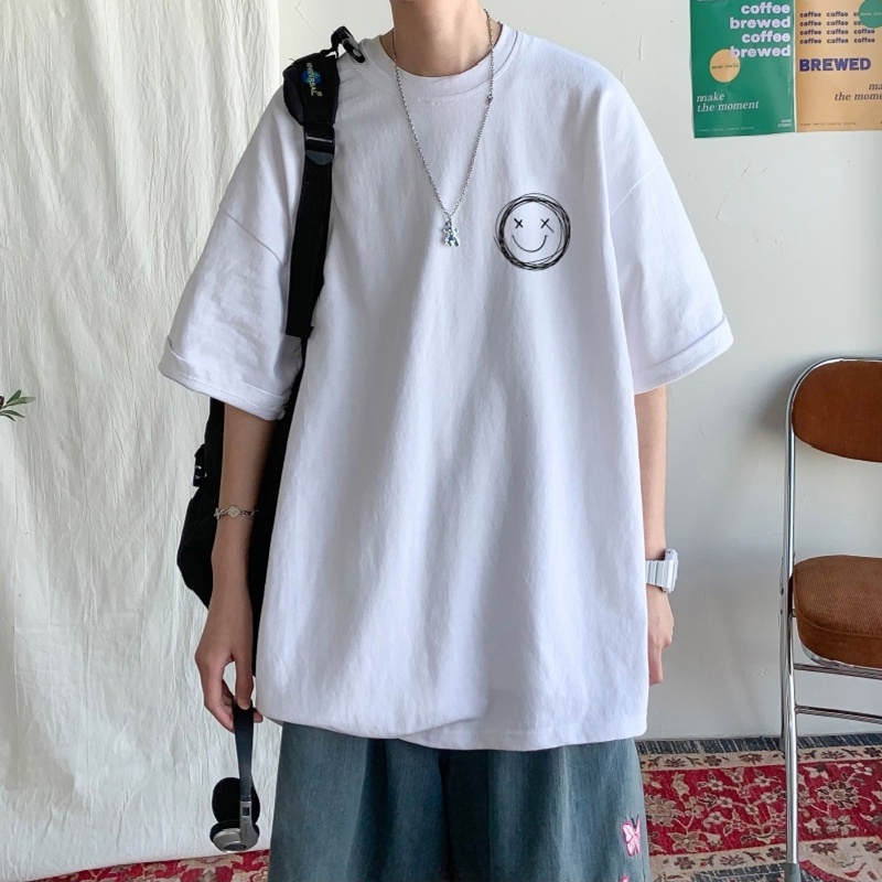 Áo thun tay ngắn cổ tròn dáng rộng in hình mặt cười phong cách Nhật Bản thời trang cho nam size S-8XL