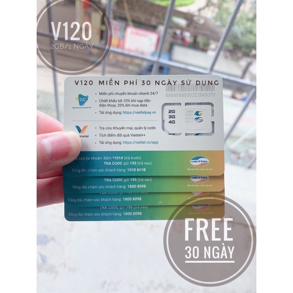 Sim V120N Viettel 4GB/1 ngày 3G 4G đầu số 03