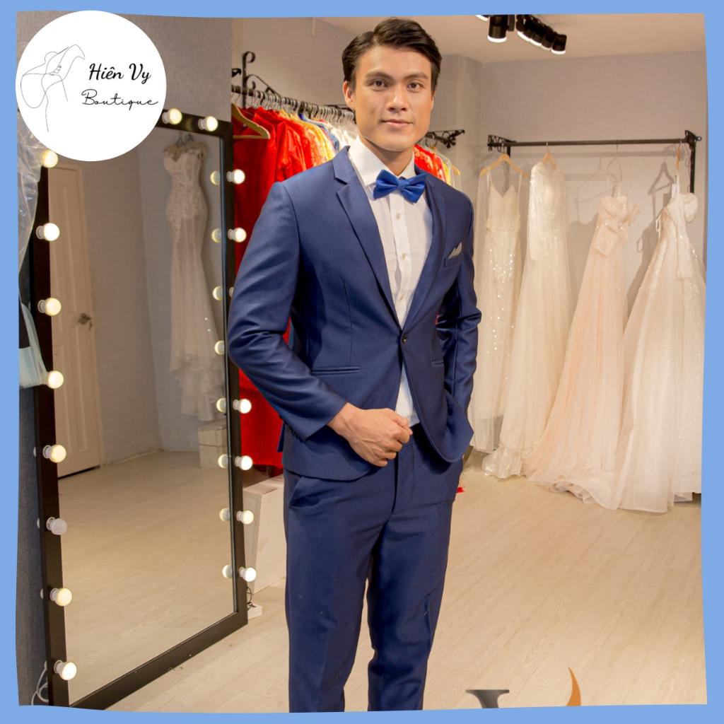 Bộ vest nam xanh bóng, suits sartorial, form ôm Hiên Vy Boutuique.