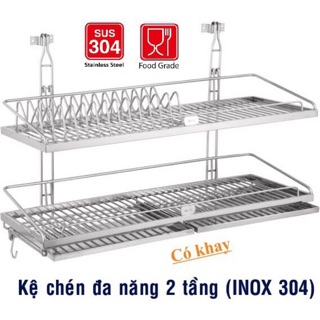 Kệ chén 2 tầng INOX304 loại dày treo tường hộp vuông dầy dặn có khay hứng nước, chỉnh được độ cao