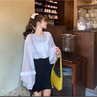 Set áo sơ mi voan cổ sen trong suốt kèm áo 2 dây